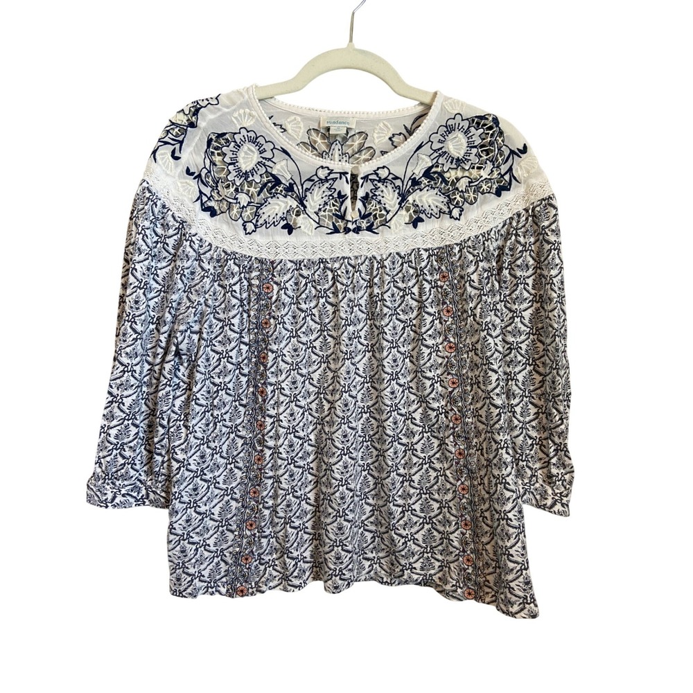 Sundance Blue White Embroidered Eyelet Boho Floral Blouse Top Medium